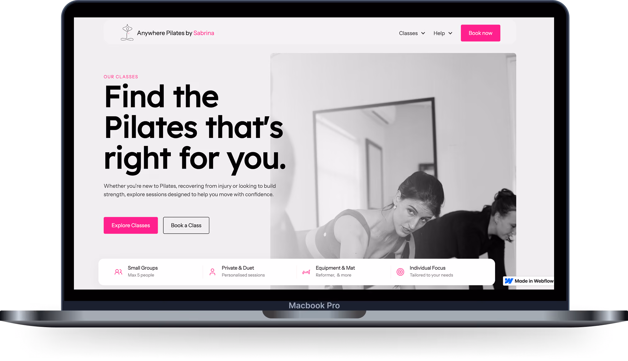 Laptop screen shows a Pilates class website with women exercising and options to explore or book classes.
