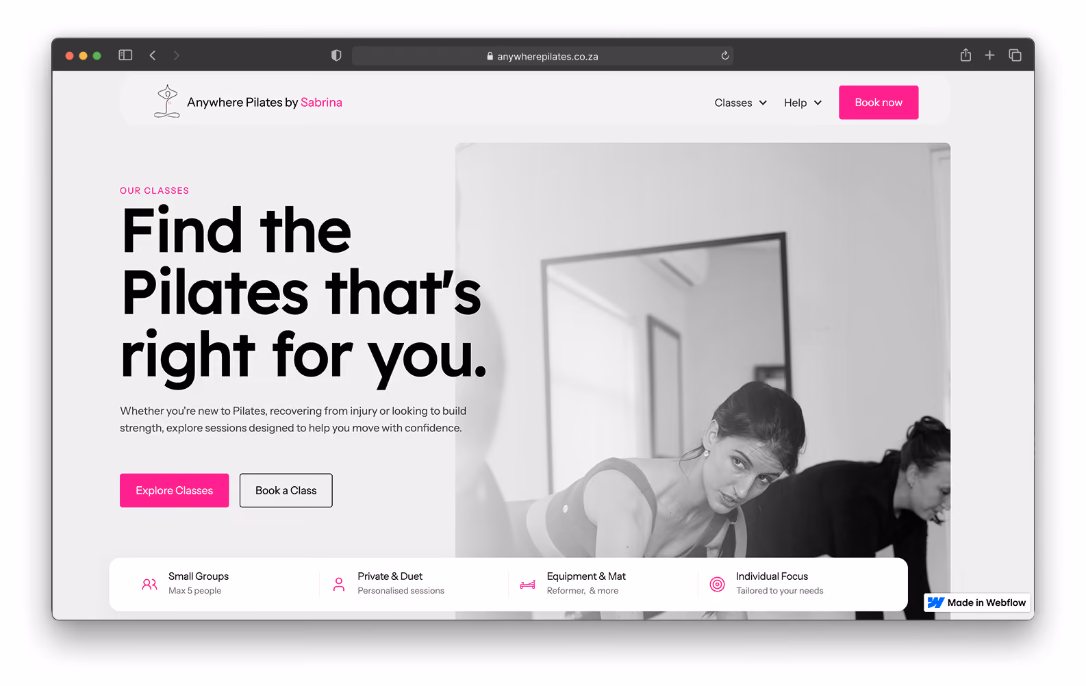 Website homepage for Anywhere Pilates showing two women exercising with Pilates focus and booking options.