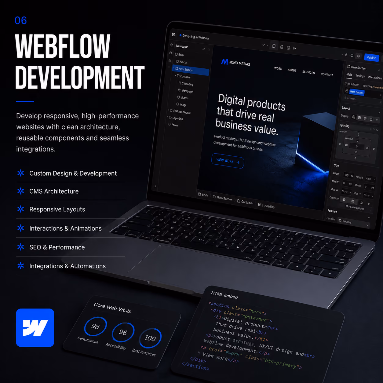 Laptop showing Webflow design interface with front text about Webflow development services and performance metrics.