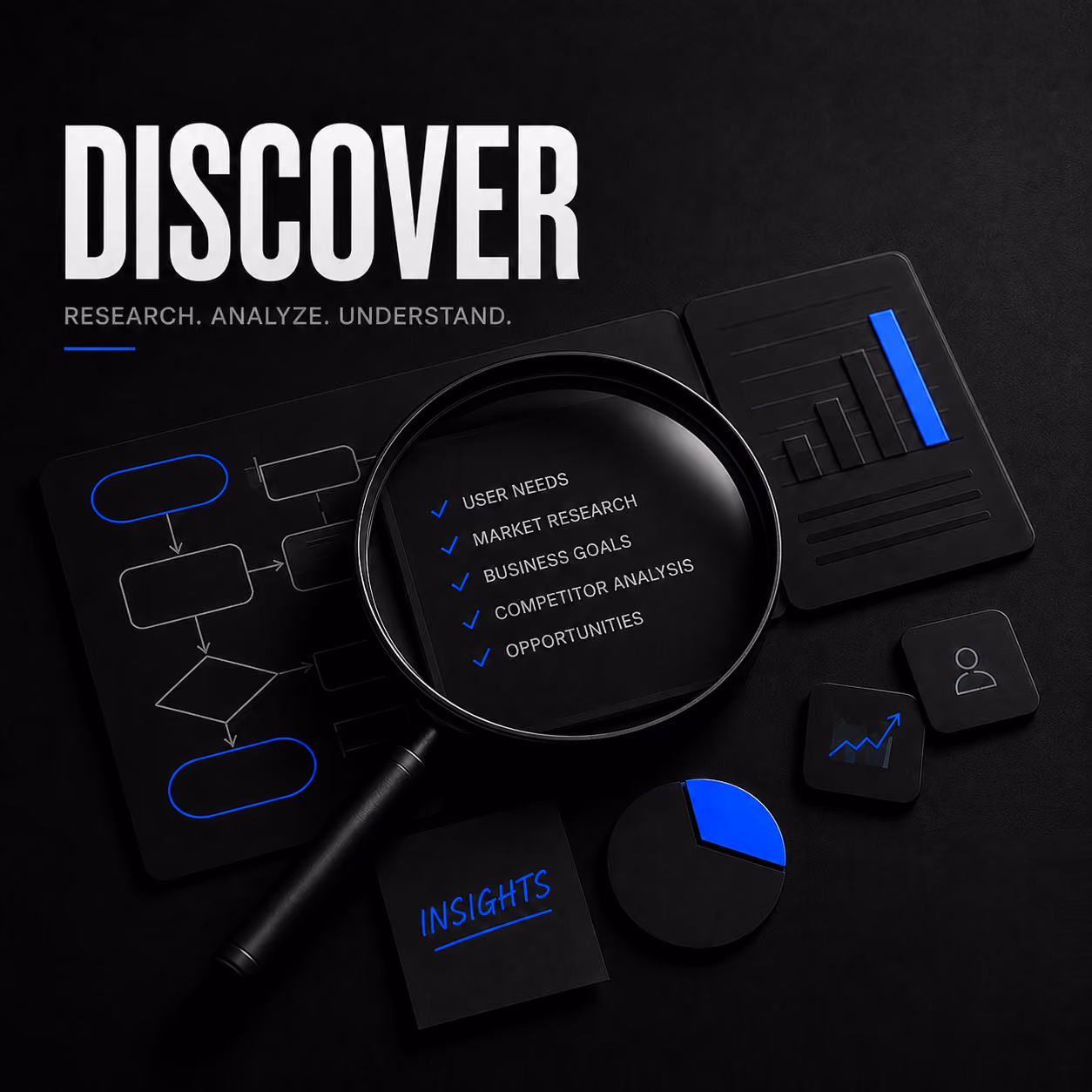 Magnifying glass over checklist of user needs, market research, business goals, competitor analysis, and opportunities.