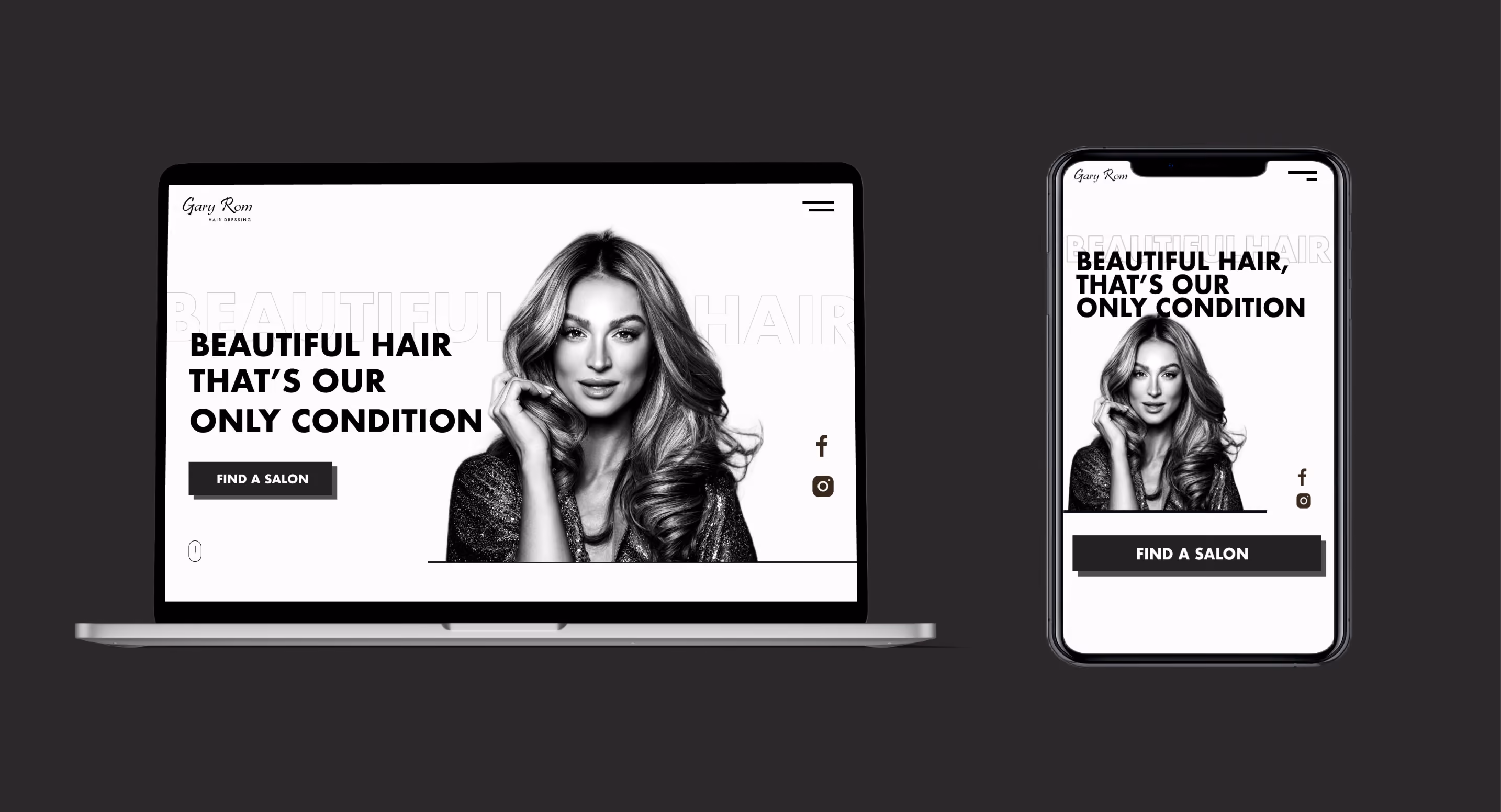 Hairdressing website homepage displayed on laptop and phone with message Beautiful hair, that's our only condition.