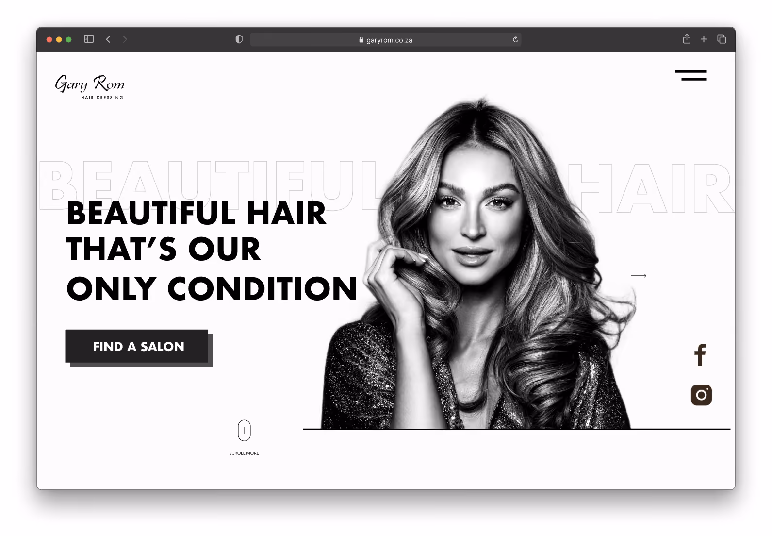 Website homepage showing a woman with styled hair and text highlighting beautiful hair care services.