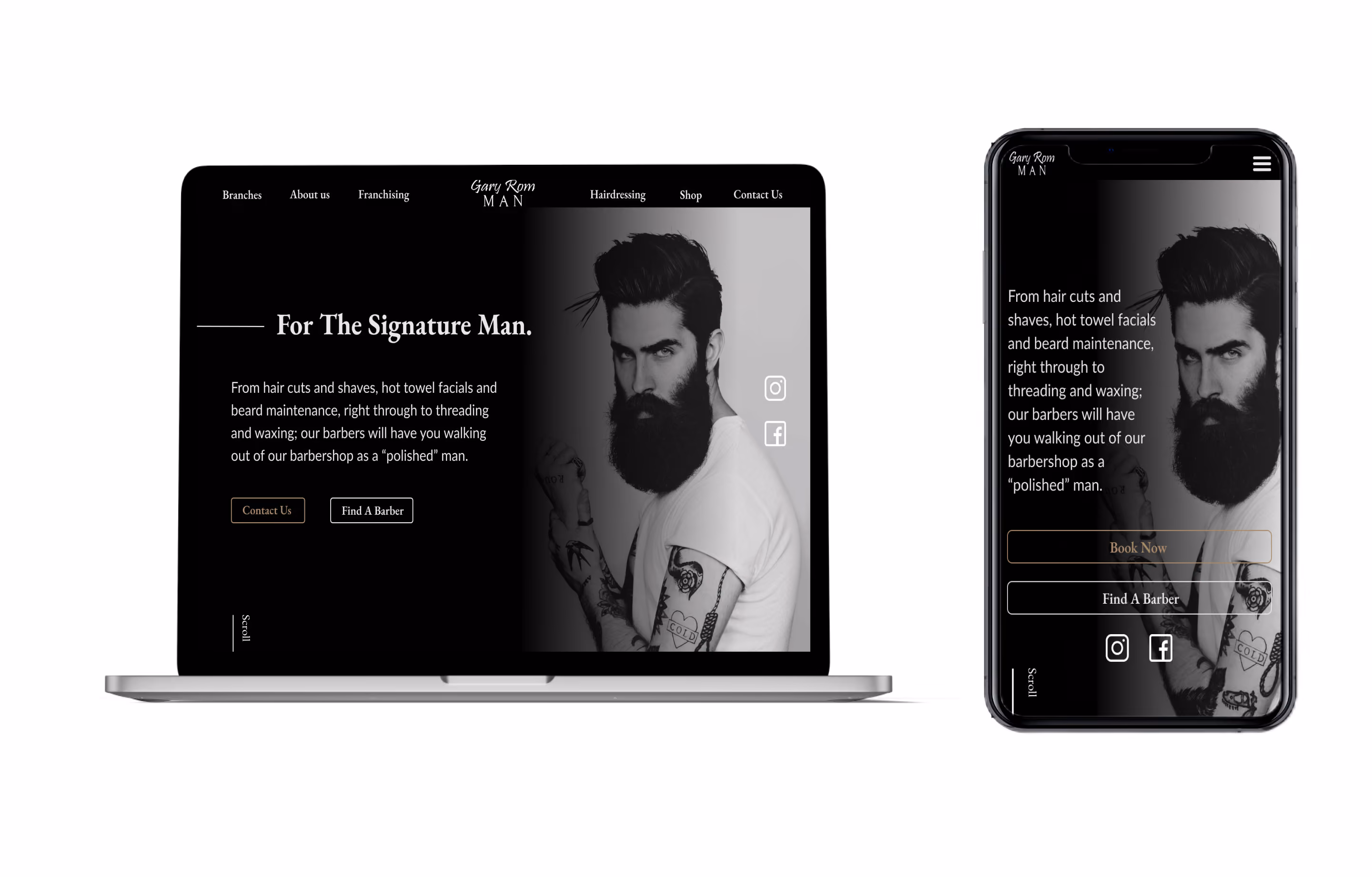 Barbershop website home page on laptop and phone with image of tattooed man with beard and dark hair.