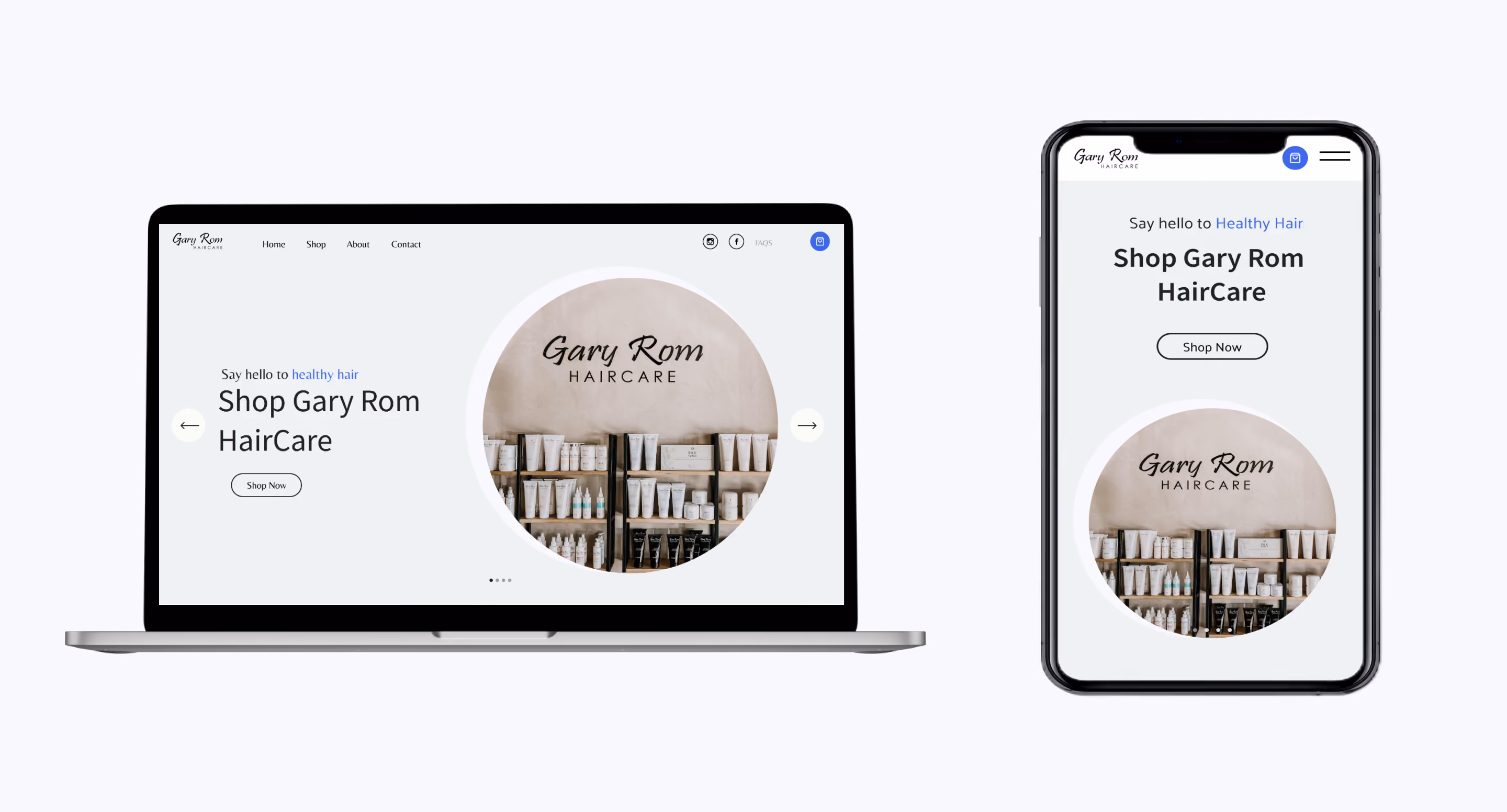 Laptop and smartphone displaying Gary Rom HairCare website with product shelves and shop now button.