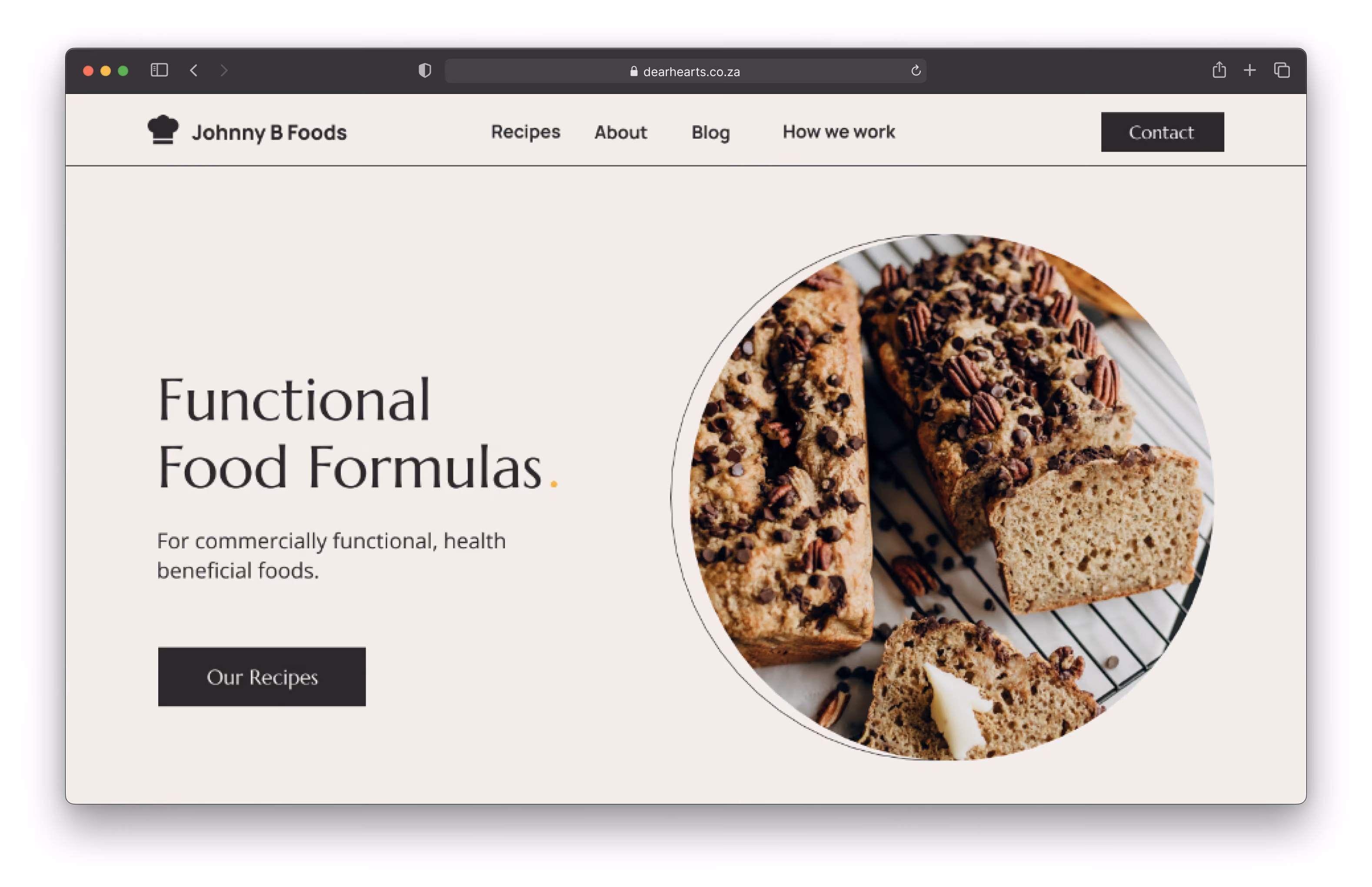 Website homepage displaying functional food formulas and bread loaves with nuts and chocolate chips.