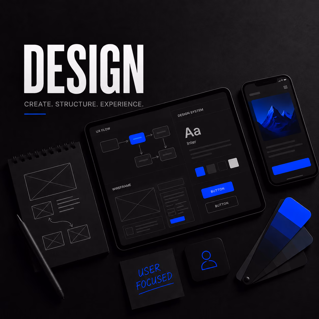 Tablet showing UX flow, wireframe, and design system with blue accents, a smartphone, color swatches, and notes.